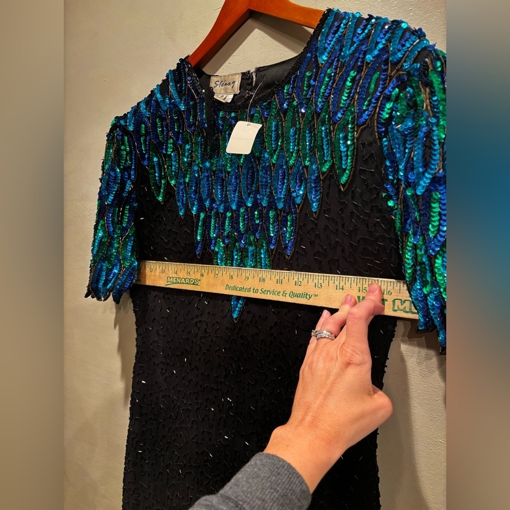 Vintage 100% silk beaded Elegant Black and Blue Sequin Dress stenay size 8 - Picture 6 of 16